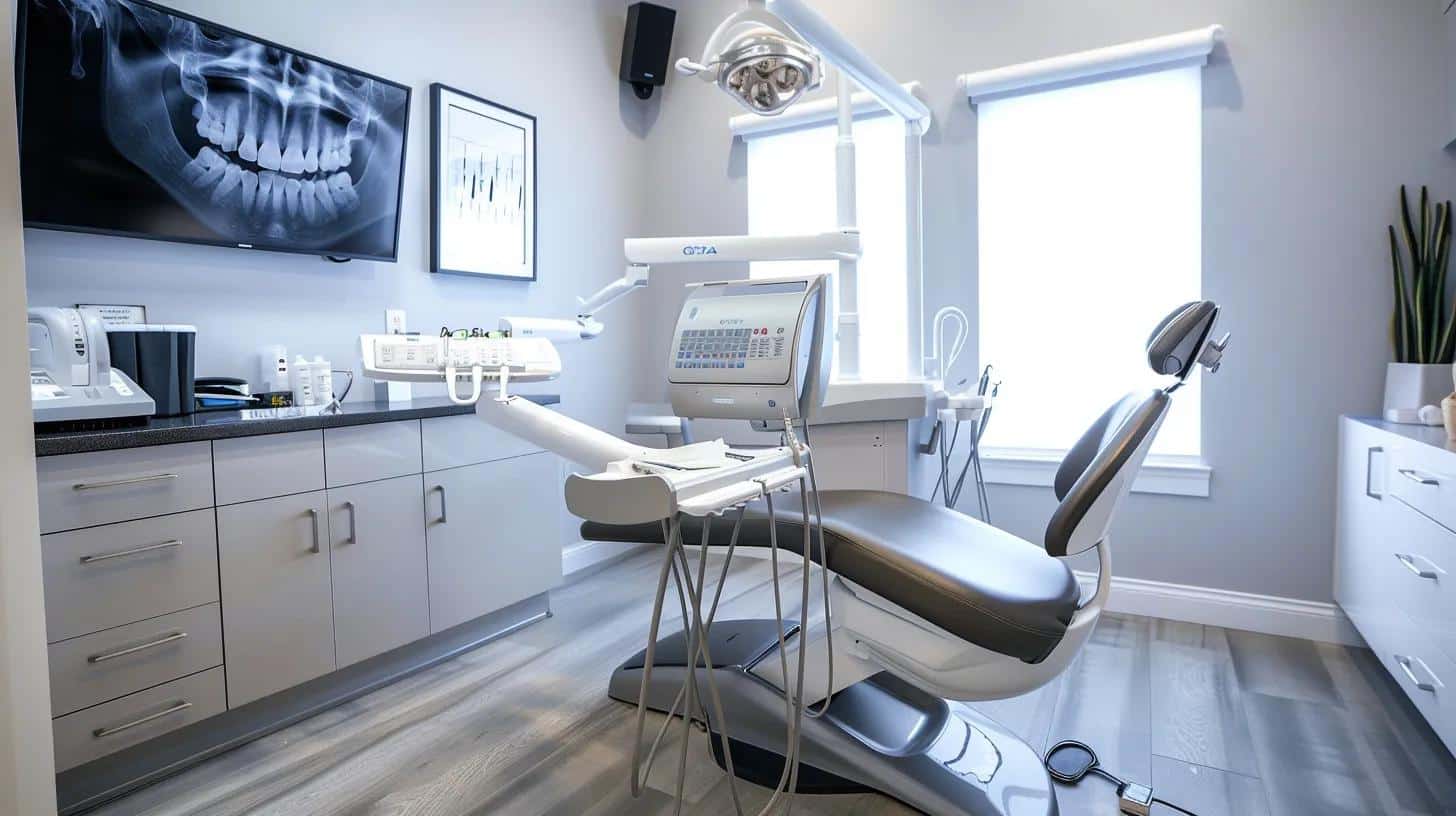 a sleek dental clinic in lake worth showcases a modern consultation room with polished white cabinets, a comfortable dental chair, and advanced imaging equipment, conveying a professional and inviting atmosphere for patients considering implants.