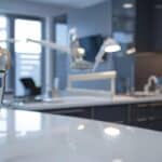 a sleek dental clinic interior showcases a shining dental implant on a pristine counter, accentuated by modern lighting that highlights its meticulous craftsmanship and longevity.
