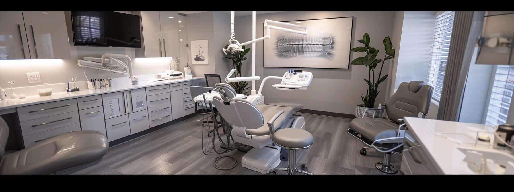 a sleek dental clinic interior showcases a confident patient smiling brightly with implant-supported dentures, surrounded by modern dental equipment and soothing ambient lighting that emphasizes oral health and dental innovation.