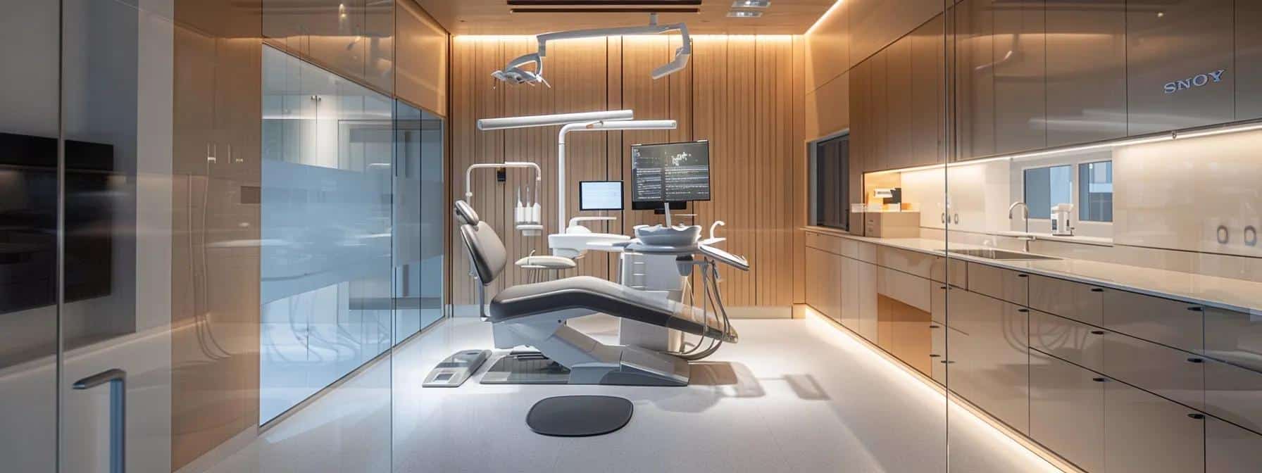 a sleek dental clinic interior showcases a modern consultation room with a high-tech dental chair, illuminated by focused overhead lighting, where a patient examines a life-like partial denture prototype displayed on a clear acrylic stand.