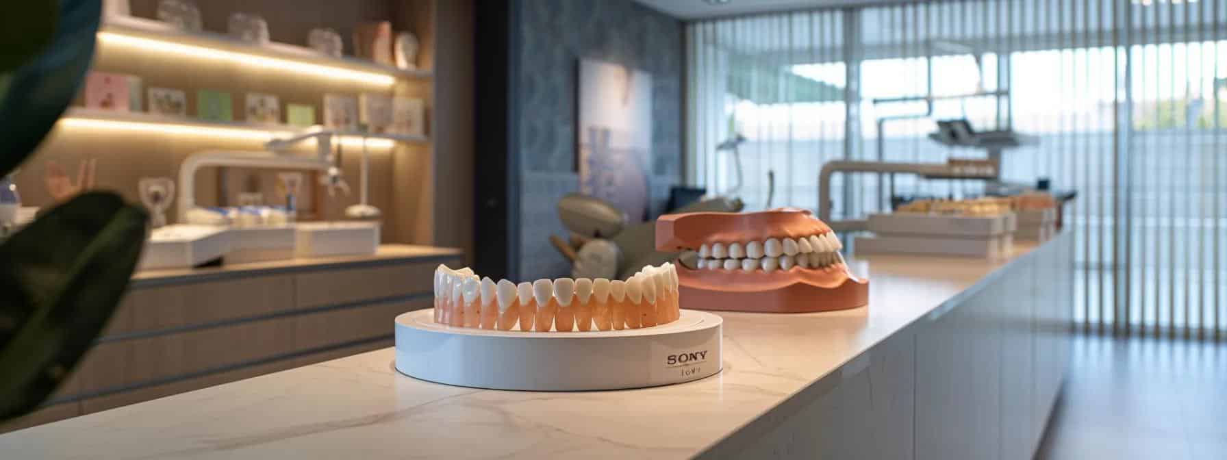 a sleek dental clinic interior showcases a striking side-by-side comparison of realistic dental implants and traditional dentures displayed on a modern, illuminated counter, emphasizing their distinct features and aesthetic impact with soft, clinical lighting.