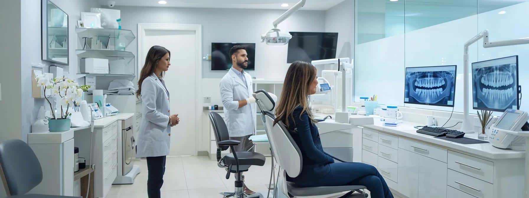 a sleek dental clinic interior showcases a confident patient consulting with a professional dentist, surrounded by advanced dental technology, emphasizing personalized care and the modern options of dental implants and dentures.