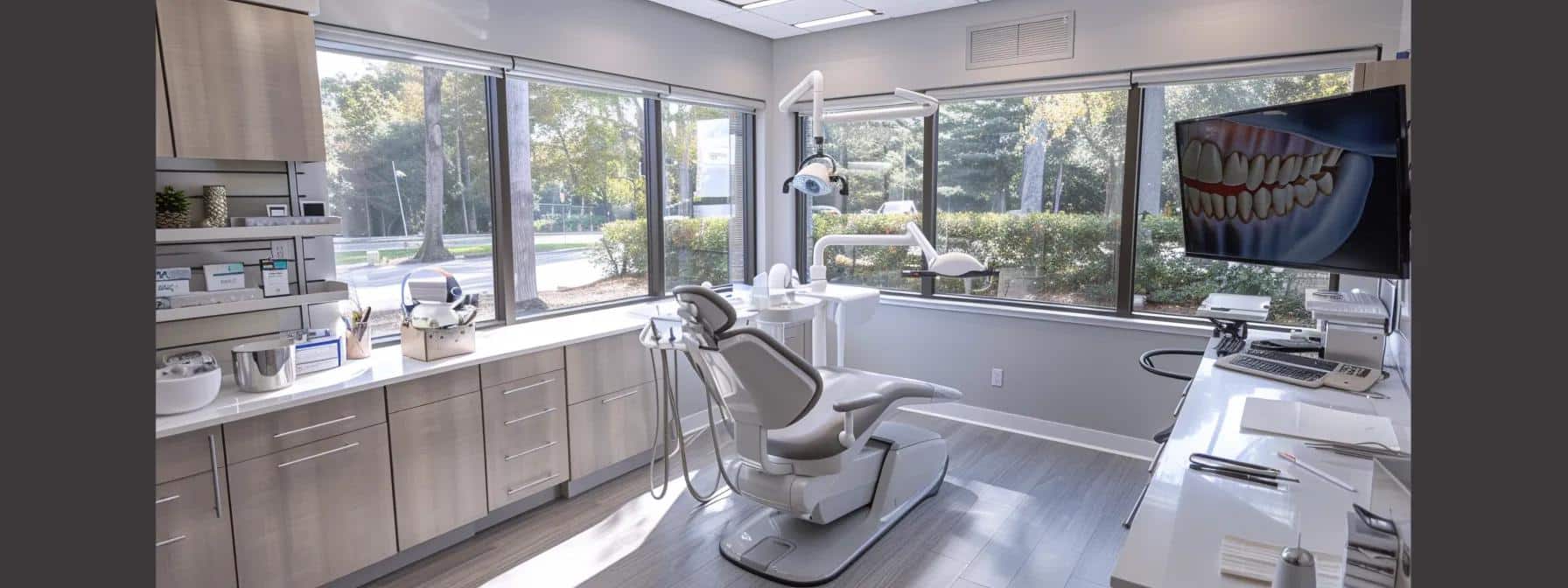 a sleek dental clinic office features a state-of-the-art all-on-4 dental implant display, showcasing a realistic model of the treatment process against a backdrop of modern, bright decor, emphasizing the advanced technology and immediate benefits for patients seeking oral restoration.