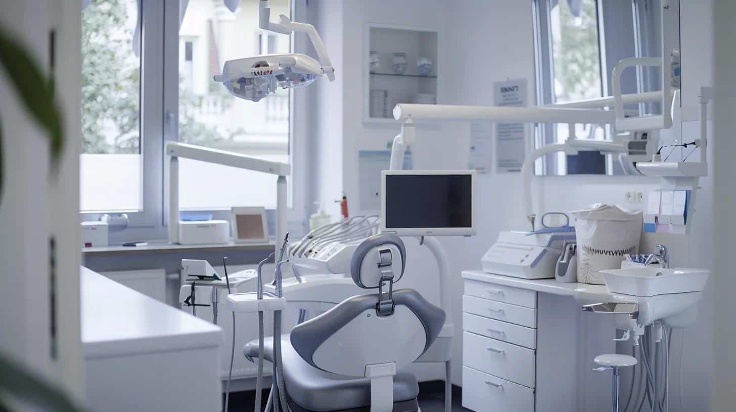 a sleek dental clinic office featuring advanced equipment and a welcoming atmosphere, where a confident patient admires their radiant smile in a modern mirror, highlighting the transformative impact of high-tech dental implants.