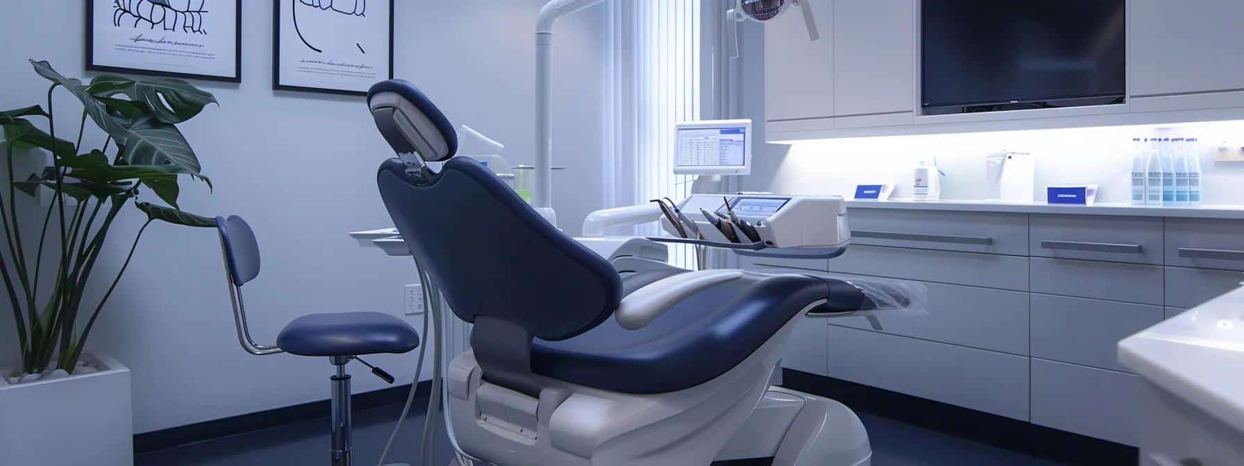 a sleek dental consultation room featuring a modern dental chair, advanced imaging technology, and informational brochures, bathed in warm artificial light, creates an inviting atmosphere for discussing dental implant and partial denture options.