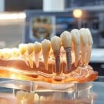 a sleek dental office equipped with advanced technology displays a striking comparison between a realistic dental implant model and a partial denture, illuminated by bright, focused task lighting that highlights the intricate details of each option.
