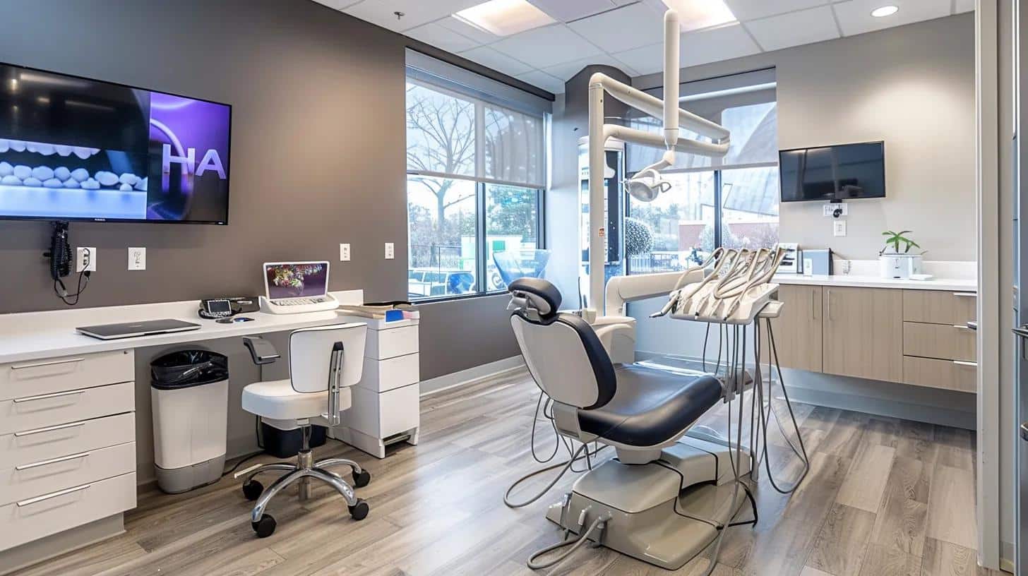 a sleek dental office interior showcases a modern consultation area, featuring a high-tech dental chair and a digital display illustrating the advantages of dental implants over traditional dentures and bridges, highlighting a professional and inviting atmosphere.