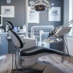 a sleek dental office interior showcases a dentist examining a patient seated in a modern chair, with advanced dental equipment and technology visibly organized in the background, highlighting the importance of regular dental implant maintenance.