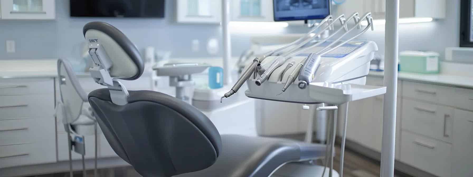 a sleek dental office showcases a close-up view of a confident patient smiling while seated in an ergonomic chair, surrounded by advanced dental technology, highlighting the transformative difference between mini dental implants and traditional dentures.