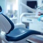 a sleek dental office with a modern chair and polished tools, featuring a close-up of a brilliant diamond tooth implant glistening under bright, clinical lighting, emphasizing its luxurious yet practical appeal.