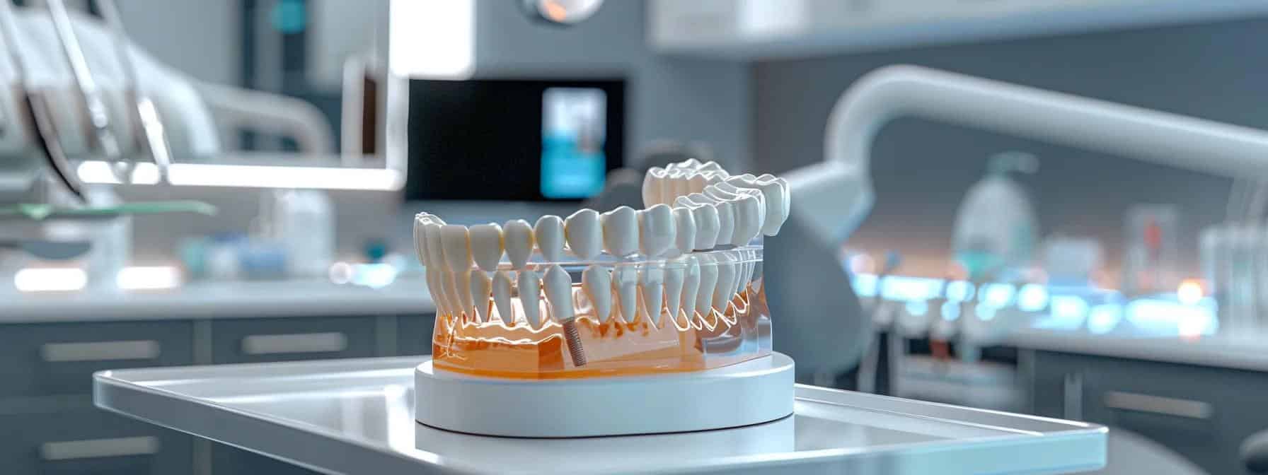 a sleek, modern dental clinic interior showcases a dentist examining a high-resolution 3d model of dental implants, with advanced equipment and vibrant visuals highlighting the innovative tooth replacement solution.