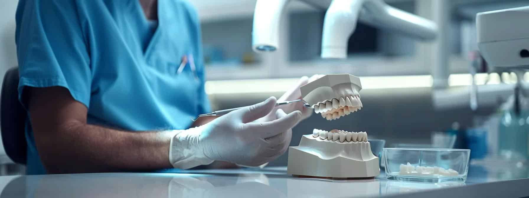 a sleek, modern dental clinic setting featuring a skilled dentist examining a high-quality dental implant model under bright, clinical lighting, emphasizing the precision and advanced technology behind permanent tooth replacements.