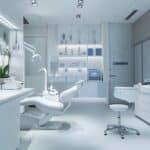 a sleek, modern dental clinic interior featuring a detailed display of dental implants, bridges, and dentures arranged on a pristine countertop, illuminated by bright, clinical lighting to emphasize their differences and functionality.