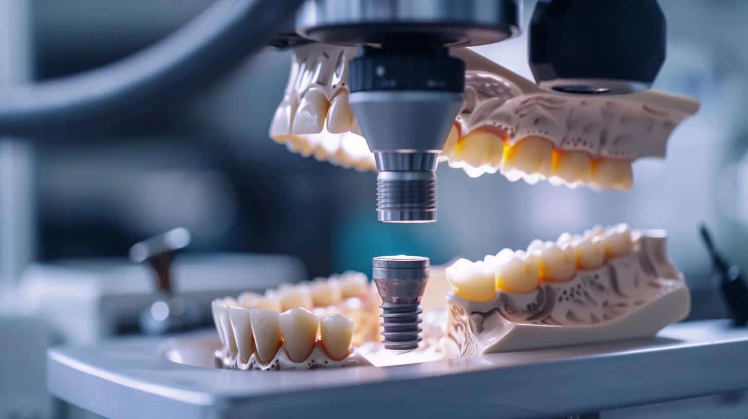 a sleek, modern dental clinic interior features a close-up view of a high-tech dental implant being carefully placed into an anatomical jaw model, showcasing the precision and intricacy of dental restoration procedures.