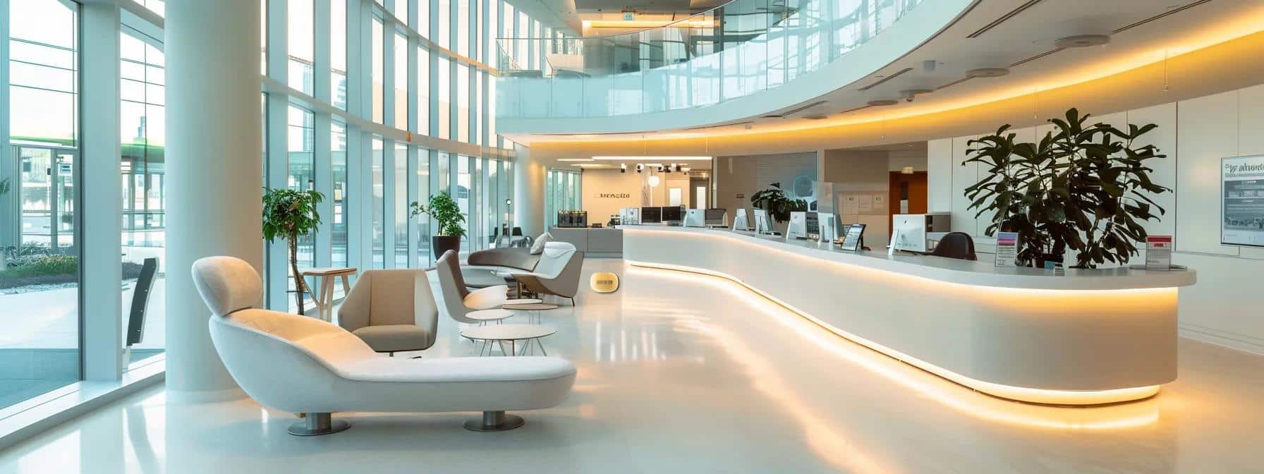 a sleek, modern dental clinic reception area in dallas, featuring a welcoming atmosphere with comfortable seating and informative brochures highlighting affordable emergency dental services.