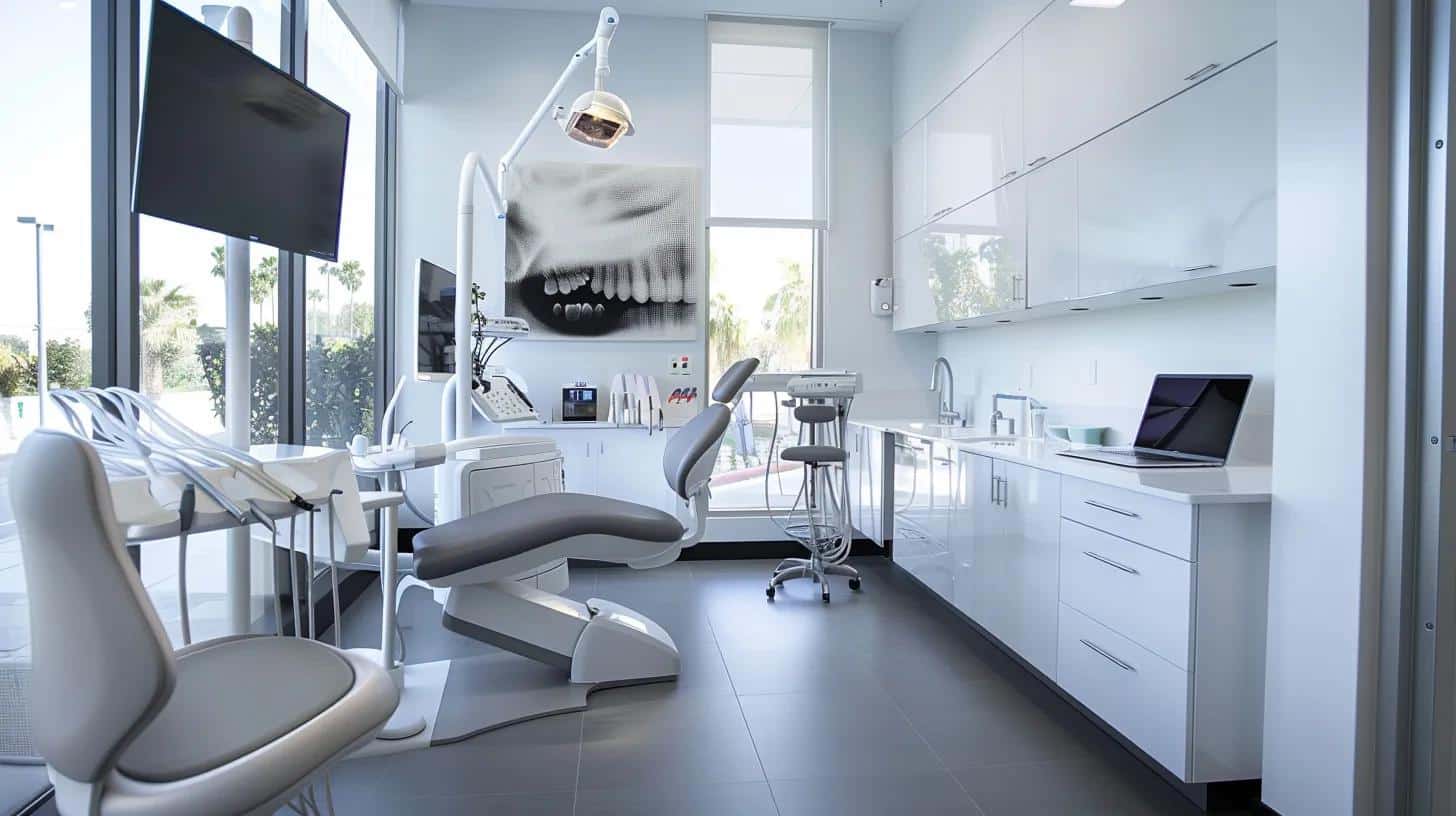 a sleek, modern dental clinic interior showcases a confident patient consulting with a knowledgeable dentist, as cutting-edge dental technology and implant models are prominently displayed, emphasizing the effectiveness and aesthetic advantages of dental implants.