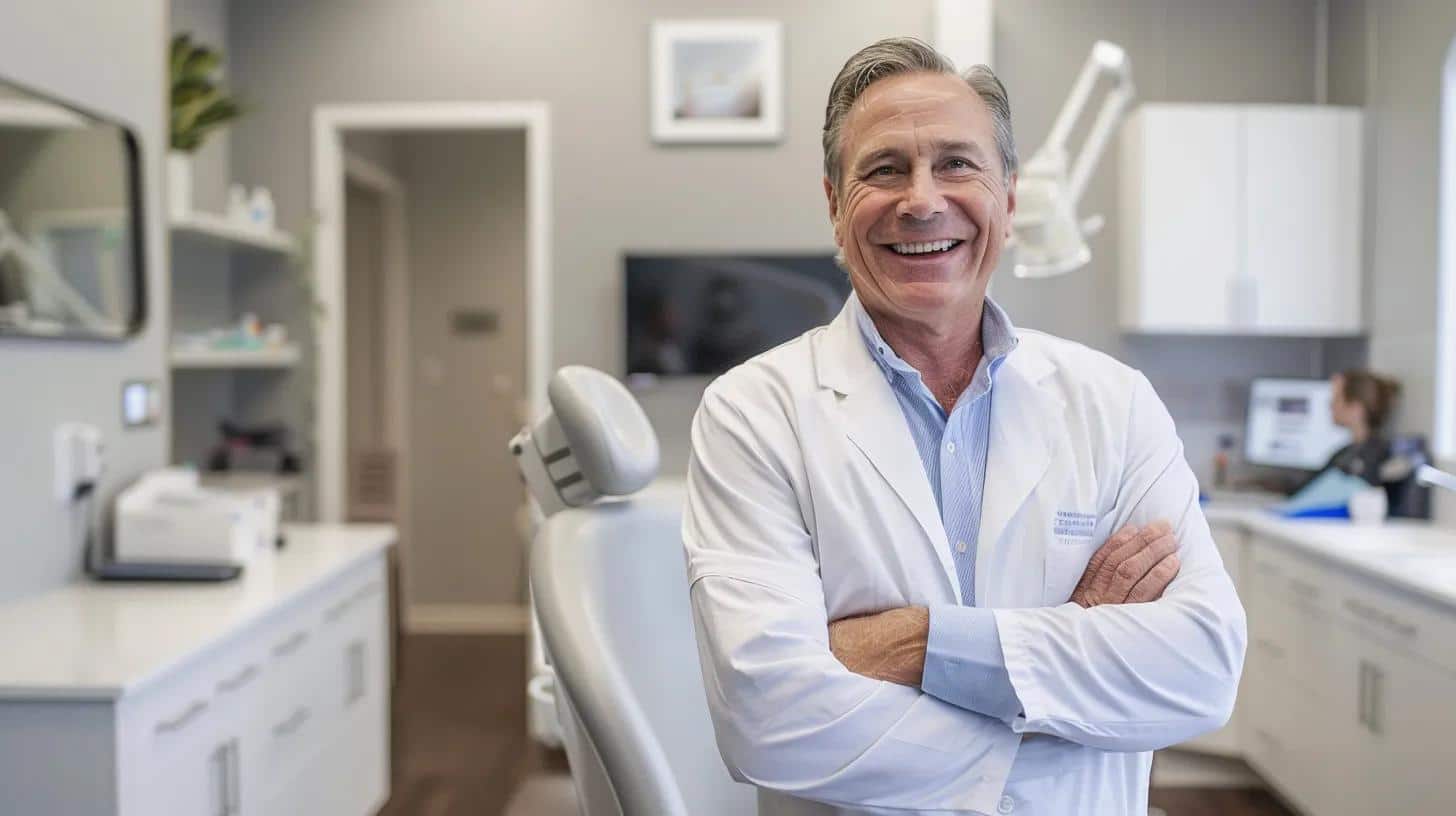 a sleek, modern dental clinic filled with warm, welcoming light showcases a confident patient smiling broadly in front of a professional dentist, highlighting the transformative impact of dental implants on oral health and aesthetic appeal.