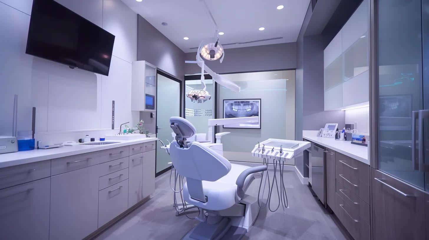 a sleek, modern dental clinic interior showcases a confident patient discussing advanced dental implant options with a knowledgeable practitioner, emphasizing a professional atmosphere and cutting-edge technology for personalized treatment.