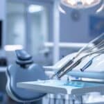 a sleek, modern dental clinic with a shining dental chair and precise dental tools arranged on a countertop, softly illuminated by bright overhead lights, emphasizing the importance of maintaining dental implants' cleanliness.