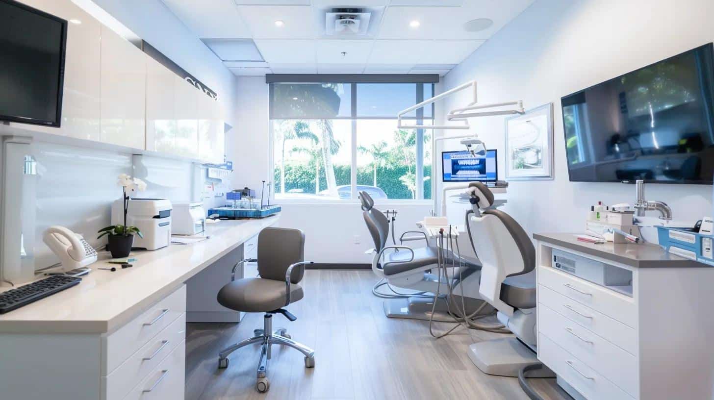 a sleek, modern dental clinic in lake worth, featuring a confident patient consulting with a specialist next to an advanced dental implant model displayed on a bright, well-organized desk, illustrating the cutting-edge technology and welcoming atmosphere of professional dental care.