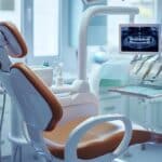 a sleek, modern dental clinic showcases a confident patient with a radiant smile, highlighting advanced dental implants against a backdrop of sophisticated technology and pristine medical equipment.