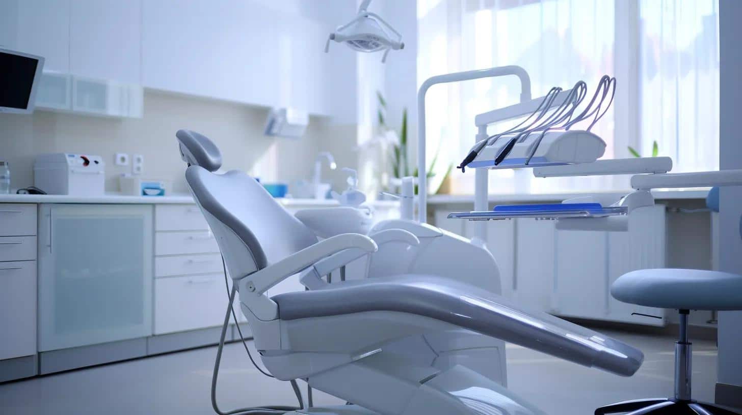 a sleek, modern dental clinic interior showcases a pristine examination chair under bright, clinical lighting, emphasizing the importance of professional dental implant examinations and cleanings.