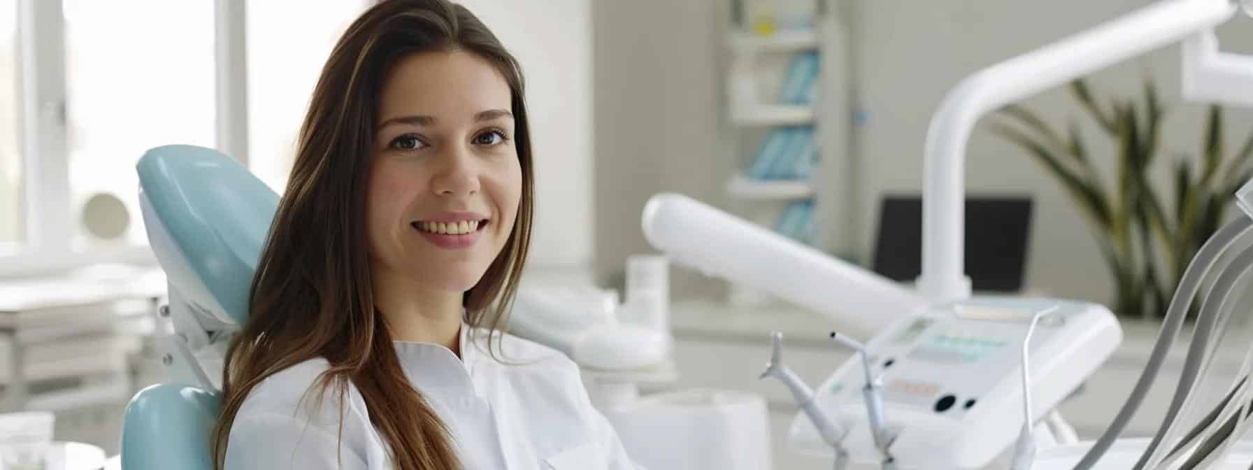 a sleek, modern dental clinic interior showcases a confident patient smiling brightly while consulting with a dentist, emphasizing the transformative benefits of upgrading from dentures to implants.