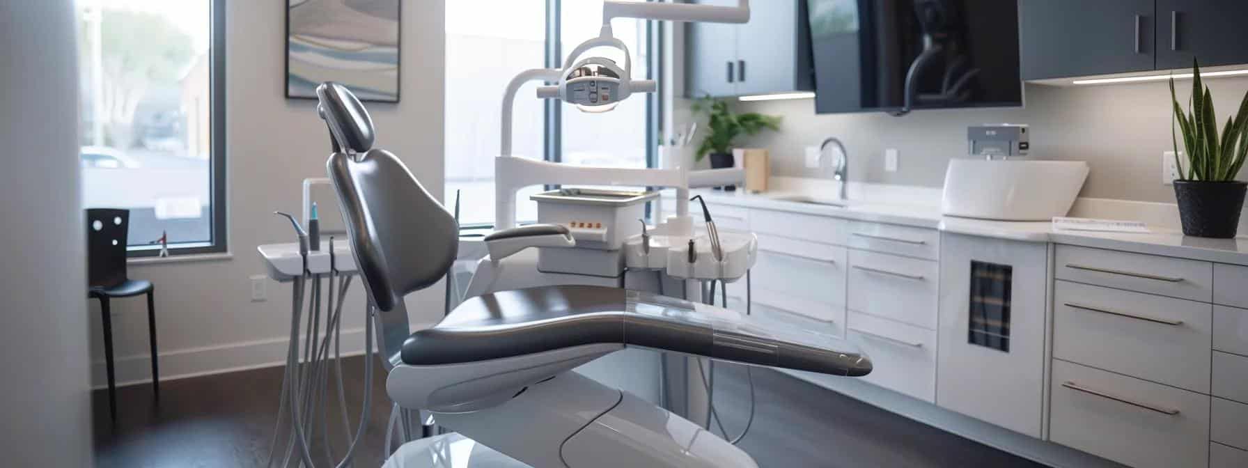a sleek, modern dental office with a confident patient seated in a dental chair, surrounded by high-tech equipment and a calming, professional atmosphere, emphasizes the transformative impact of dental implants as a lasting solution for missing teeth.
