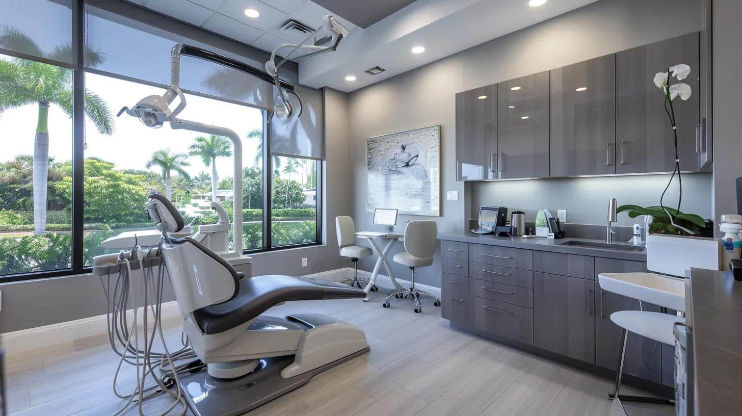 a sleek, modern dental office in lake worth showcases advanced technology and an inviting consultation area, emphasizing personalized care and a transformative approach to dental implants.