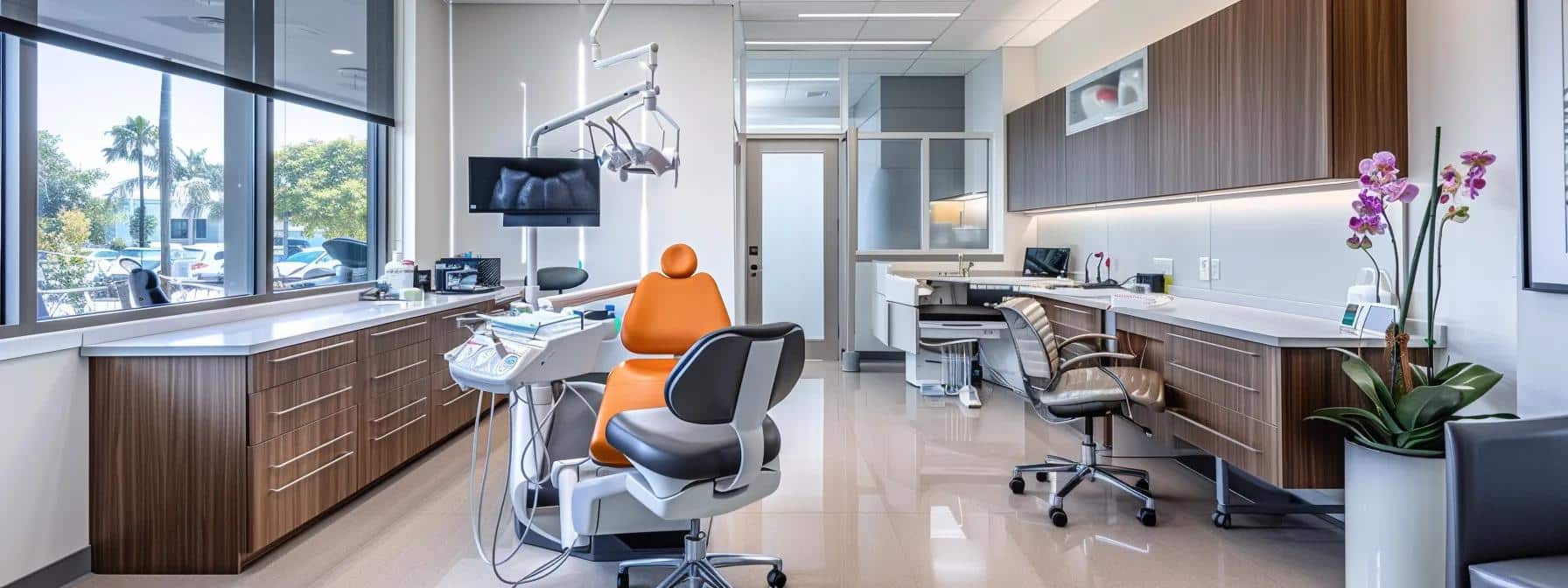 a sleek, modern dental office showcases a focused dentist consulting with a patient in a crisp, high-tech environment, emphasizing the advanced journey from dentures to permanent dental implants.