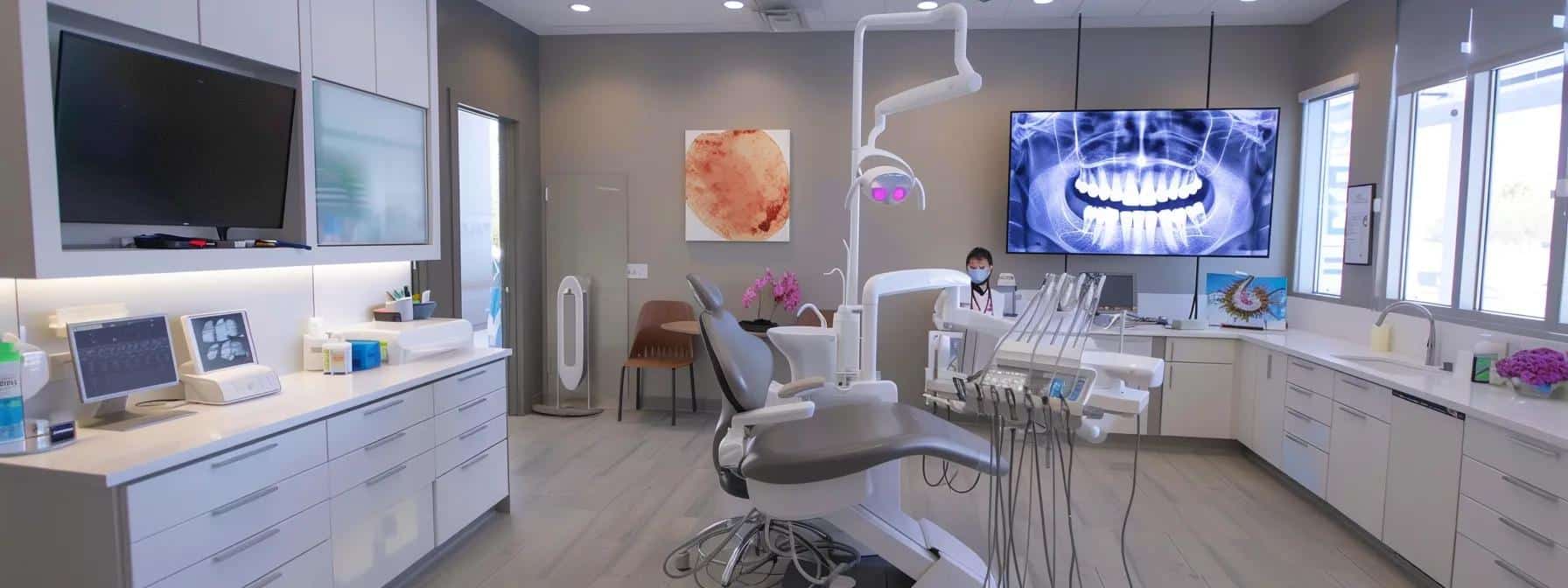 a sleek, modern dental office interior showcases a knowledgeable dentist consulting with a patient, framed by a digital display featuring a vibrant, informative comparison table of tooth replacement methods, emphasizing professionalism and cutting-edge technology.