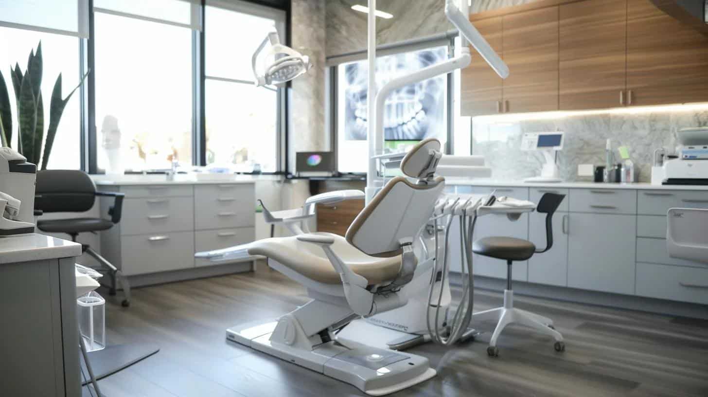 a sleek, modern dental office features a patient reclining in a high-tech dental chair, surrounded by advanced equipment and an illuminating overhead lamp, emphasizing the precision and innovation of dental implants.