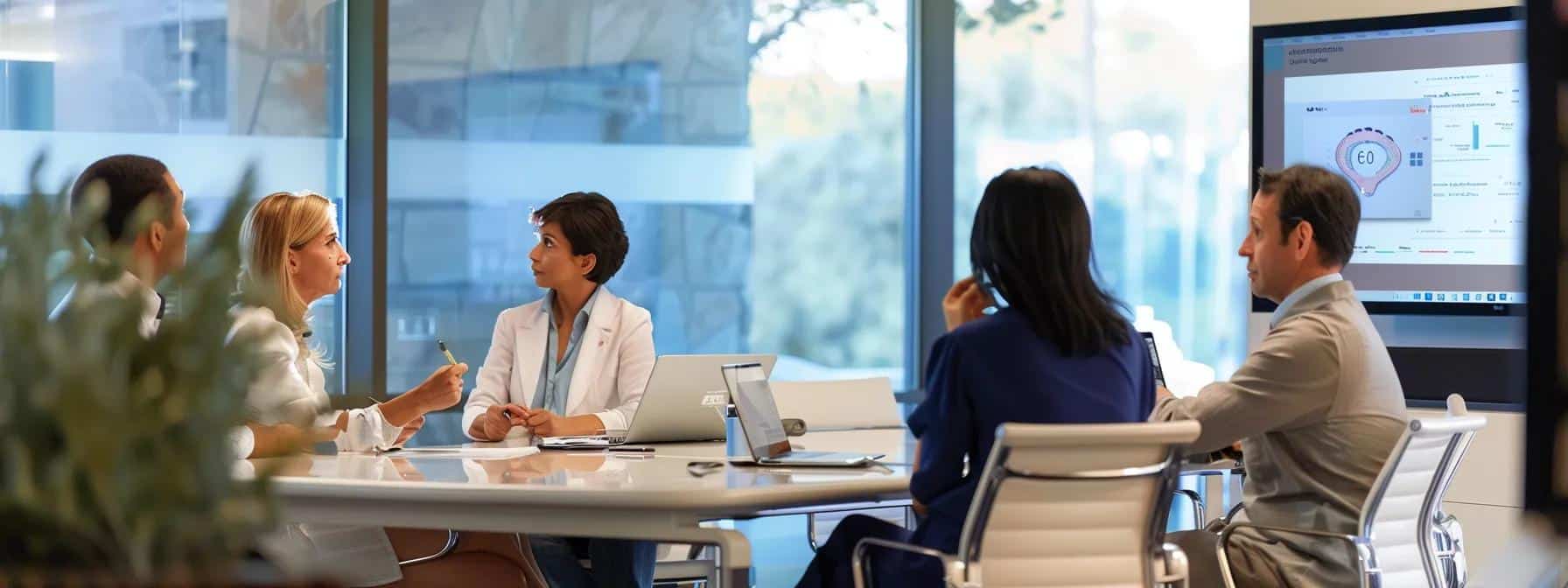 a sleek, modern office setting showcases a focused group of professionals engaged in a discussion about health insurance policies, with a digital display prominently illustrating the limitations of social security coverage for dental implants.