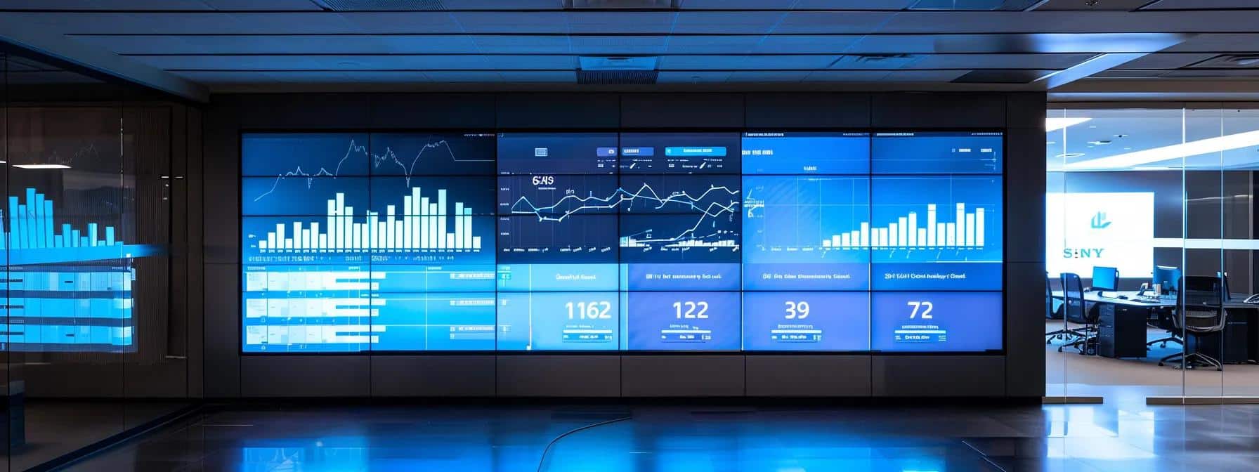 a sleek, modern office workspace features a large digital display showcasing various extraction methods, with clear graphs highlighting efficiency and cost, illuminated by focused, artificial lighting.