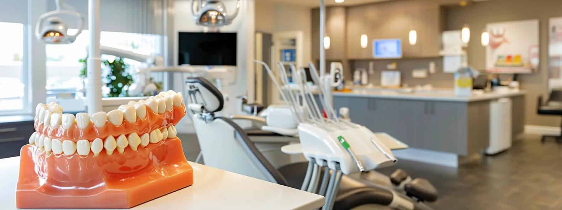 a sophisticated dental office showcases a vibrant split scene, with a detailed dental model of dentures on one side and a realistic dental implant display on the other, set against a sleek, modern backdrop to highlight the critical decision-making process.