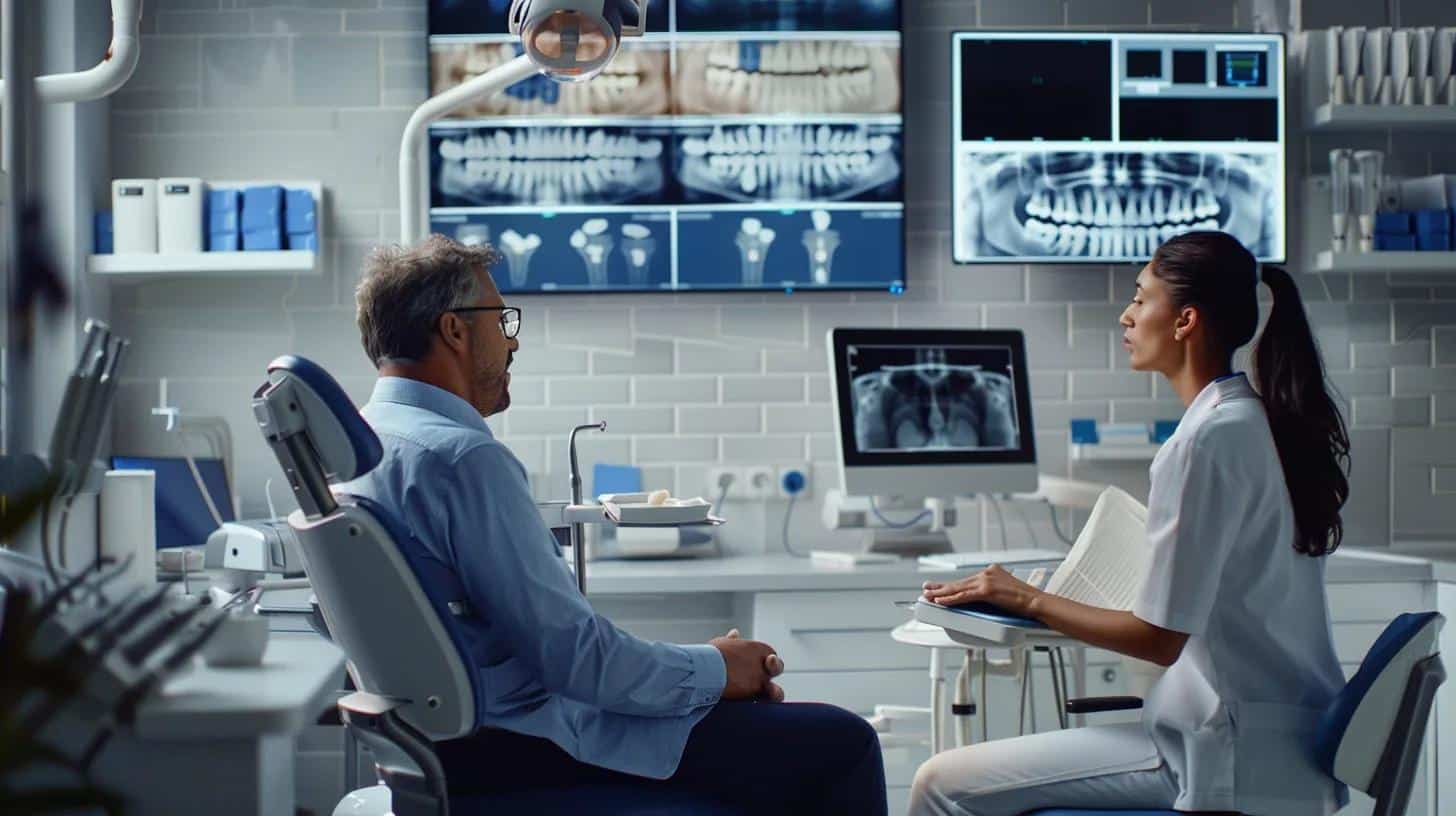 a sterile dental clinic environment showcases a dentist consulting a worried patient, with advanced imaging technology and dental models prominently displayed, emphasizing the seriousness of potential complications and failure rates associated with dental implants.