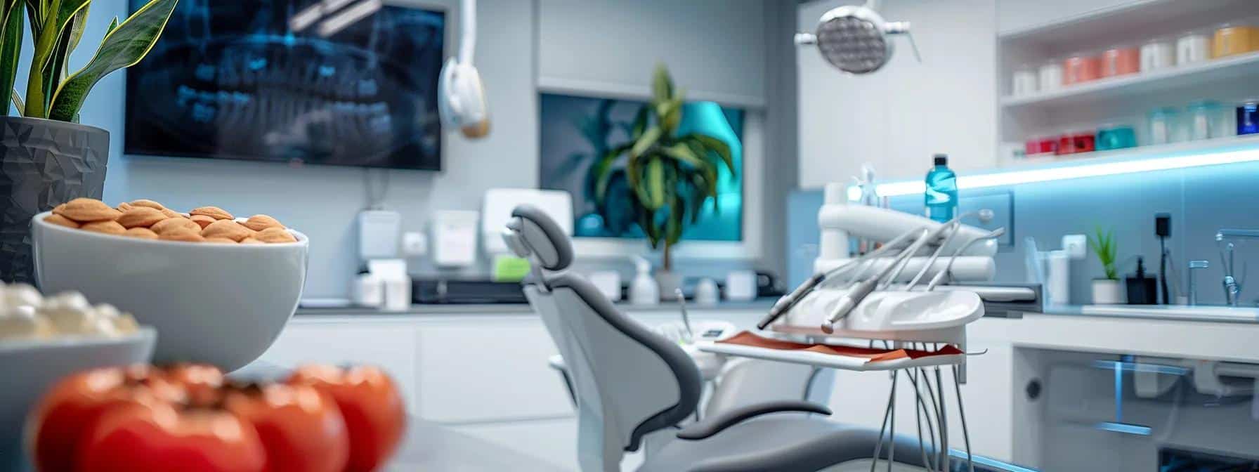 a stylish dental clinic setting showcases a modern dental implant consultation, featuring a sleek dental chair, advanced diagnostic equipment, and a vibrant display of various food textures arranged on a table, symbolizing the gradual reintroduction of foods to patients.