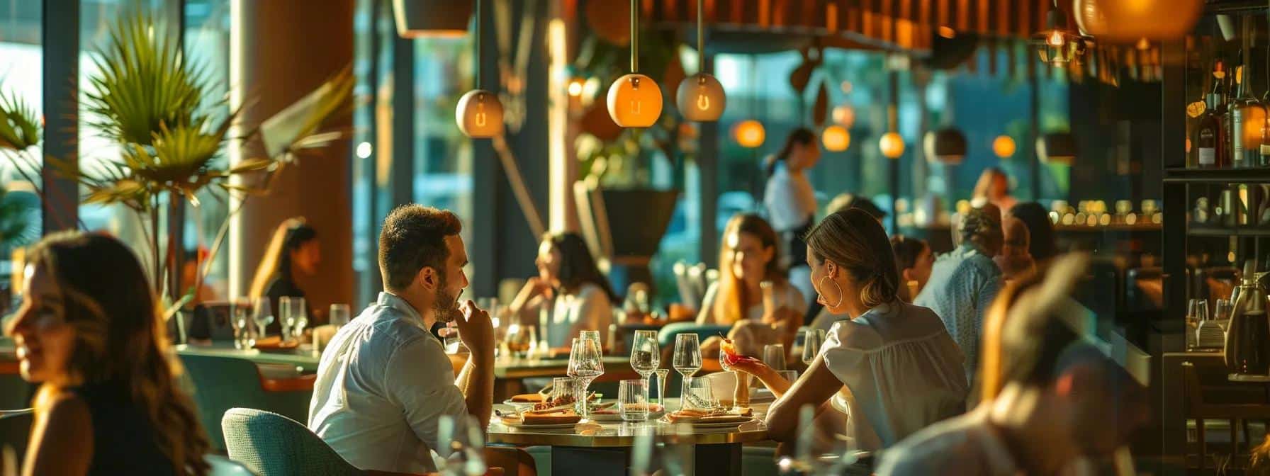 a vibrant, modern dining room scene captures a diverse group of people joyfully engaging in conversation over a beautifully presented meal, reflecting the profound influence of their surroundings on daily experiences of eating, speaking, and comfort.
