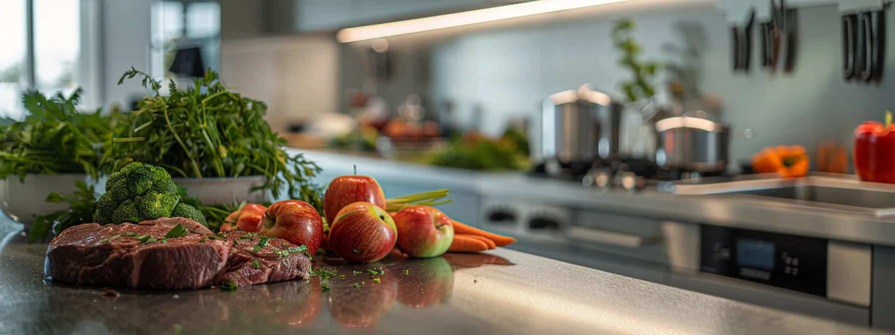 a well-lit dental clinic kitchen showcases a contrasting arrangement of fresh apples, crisp carrots, hearty steak, and tough nuts, all elegantly displayed on a polished countertop, emphasizing the rigorous testing of implant biting strength through a diverse selection of foods.