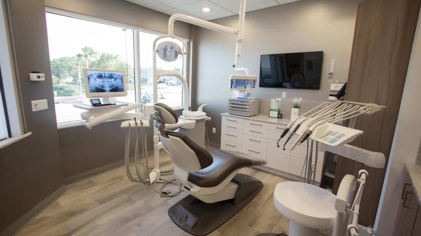 an advanced dental clinic in lake worth features a modern treatment room where a dental specialist is meticulously preparing for a dental implant procedure, surrounded by state-of-the-art imaging equipment and a sterile, well-organized environment emphasizing professionalism and patient care.