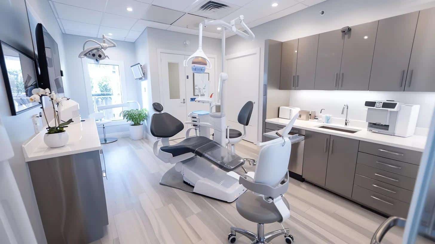 an elegant, modern dental clinic in lake worth features a sleek treatment room equipped with cutting-edge technology, where a knowledgeable specialist consults with a patient, conveying a sense of precision and personalized care.