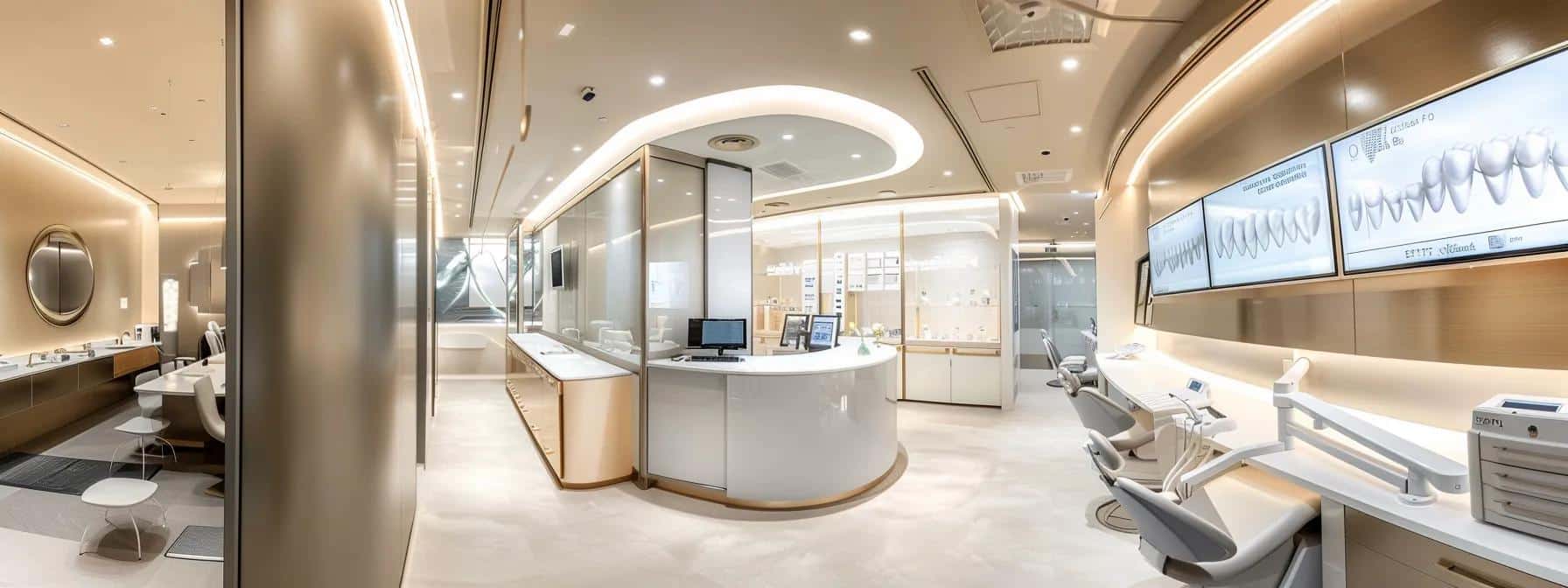 an engaging dental clinic interior showcasing a modern consultation area, featuring an impressive display of dental implant models and pricing diagrams, illuminated by soft overhead lights that create a warm, inviting atmosphere.