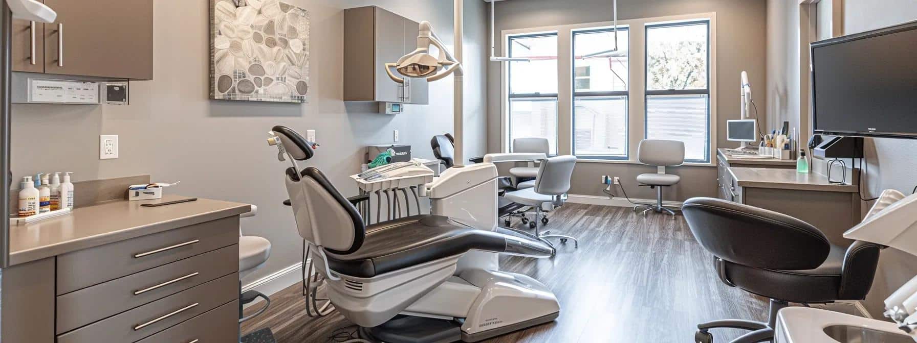an inviting dental clinic interior features a modern treatment area with sleek, advanced technology, where a satisfied patient engages with a friendly dental professional, highlighting the personalized care and confidence restoration offered through innovative dental solutions.