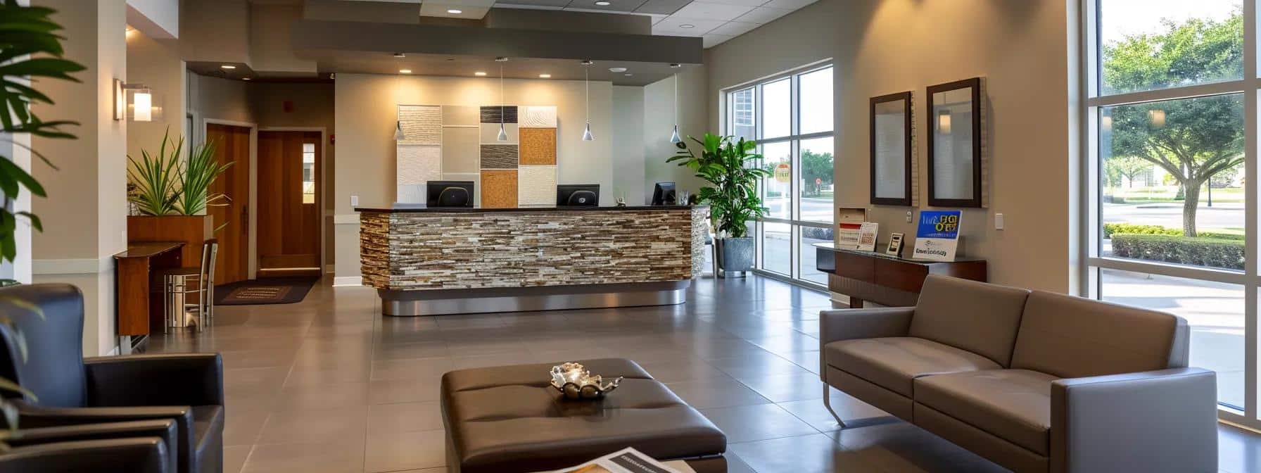 an inviting dental consultation office in denton, featuring a welcoming reception area with modern furnishings, soft ambient lighting, and informational brochures on affordable dental solutions prominently displayed, embodying a sense of professionalism and personalized care.