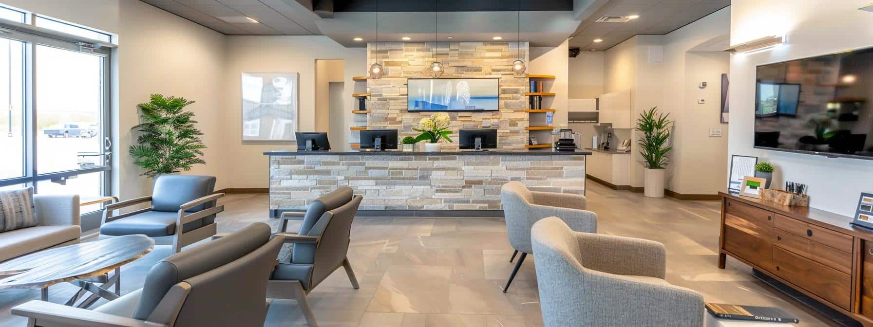 a clean, modern dental office in mansfield, texas, showcases a welcoming reception area with a friendly, professional atmosphere, featuring sleek furnishings and technology-driven equipment, emphasizing the commitment to quality denture solutions and patient satisfaction.