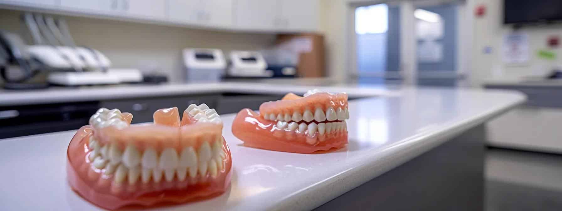 a focused, brightly lit dental office scene featuring a pristine set of affordable dentures displayed on a sleek countertop, highlighting the importance of proper care and maintenance for oral health.