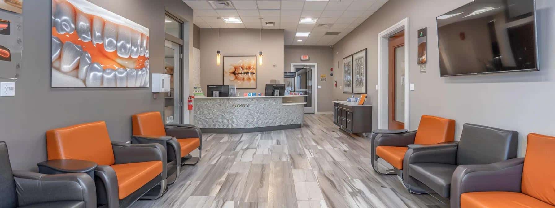 a focused dental clinic reception area in cleburne, featuring a modern, clean design with a patient-friendly atmosphere, framed by urgent care dental posters and bright, inviting lighting.