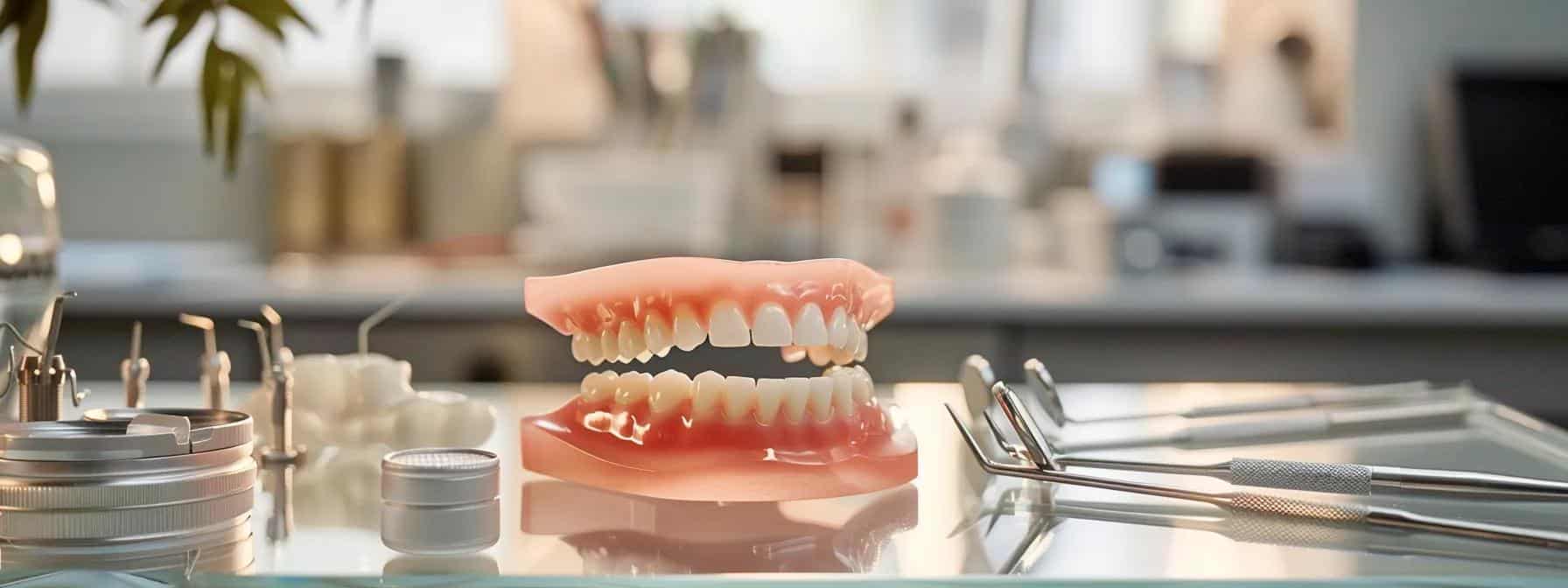 a gleaming dental care station is meticulously arranged on a polished countertop, featuring a pristine set of dentures displayed in a stylish cleaning solution, surrounded by professional dental tools, emphasizing the importance of proper denture maintenance for longevity.
