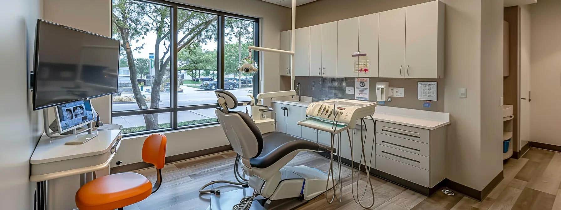 a modern dental clinic in fort worth showcases a sleek, brightly lit treatment room with advanced dental equipment, emphasizing a professional atmosphere focused on patient comfort during an emergency root canal procedure.