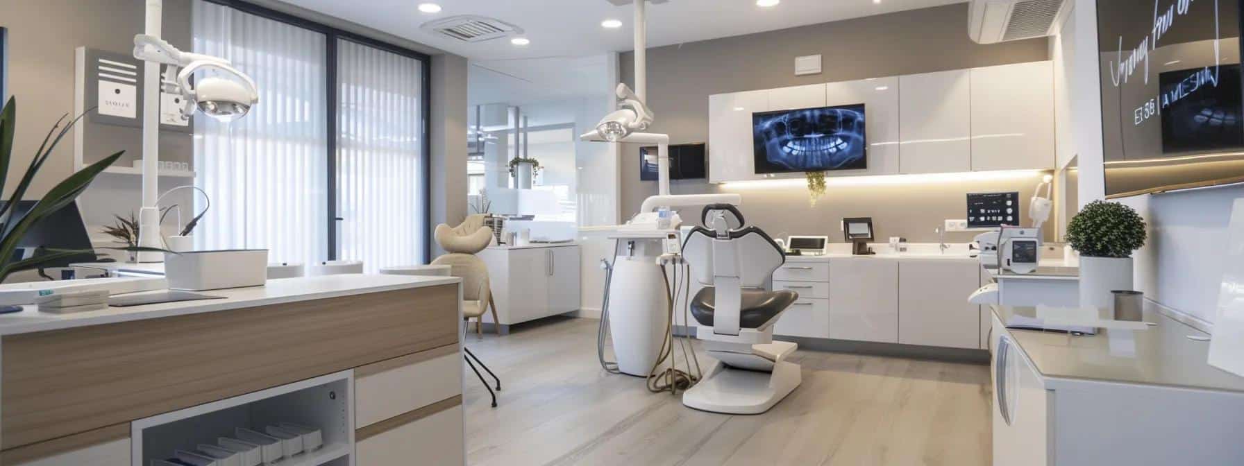 a modern dental clinic interior showcases a confident patient engaging in a thoughtful discussion with a professional dentist, surrounded by advanced dental equipment and informative visuals about dentures and implants.
